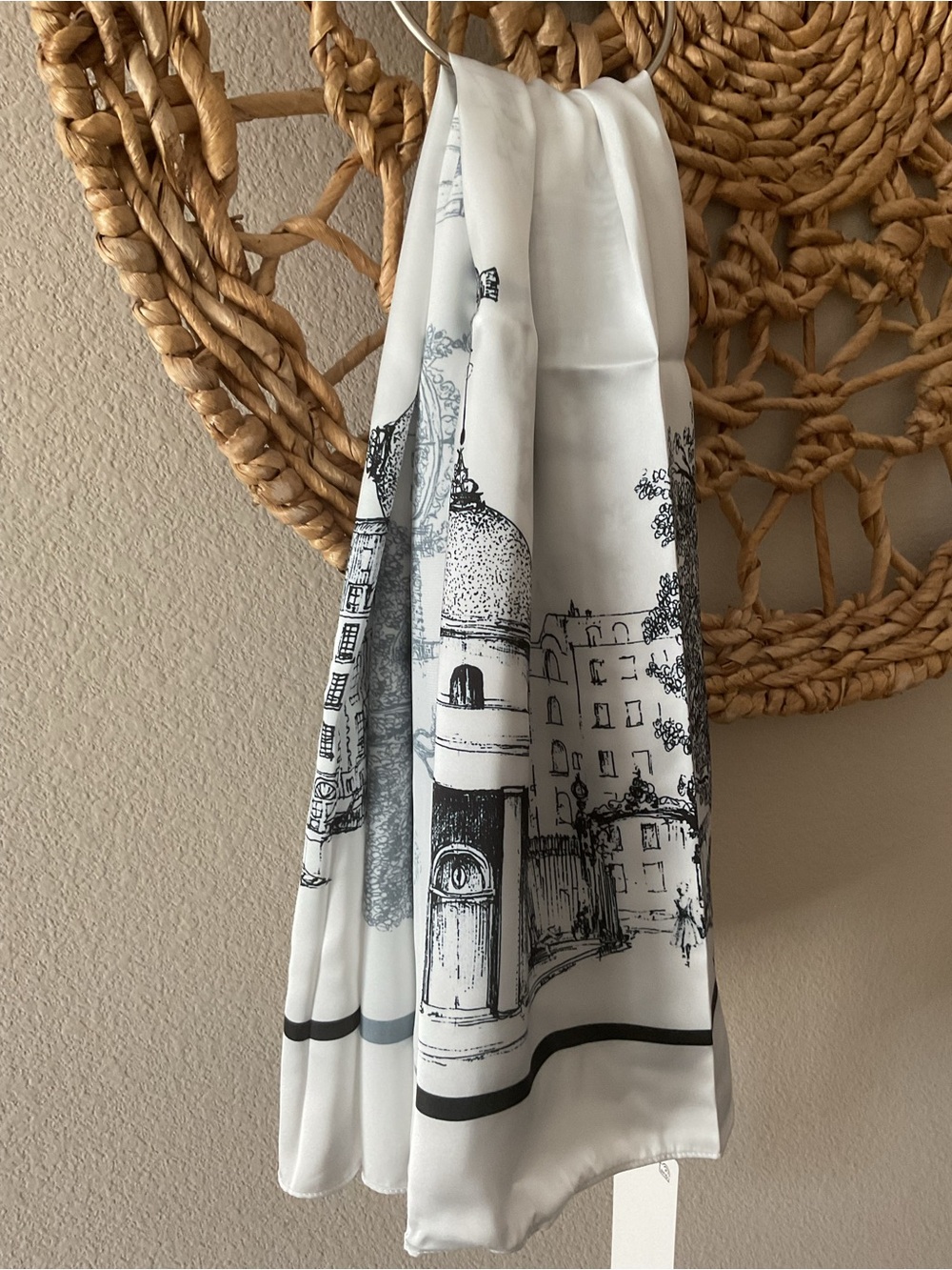 Silk-Feel White and Black Scenic Print Scarf. One size ( square shape)